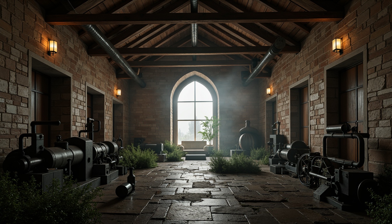 Prompt: Ancient monastery architecture, stone walls, Gothic arches, rustic wooden beams, industrial metal pipes, exposed ductwork, reclaimed wood accents, vintage machinery, distressed brick textures, dim warm lighting, atmospheric fog, cinematic composition, symmetrical framing, detailed stonework, mysterious ambiance, eerie silence, abandoned industrial equipment, overgrown vegetation, mystical misty atmosphere.