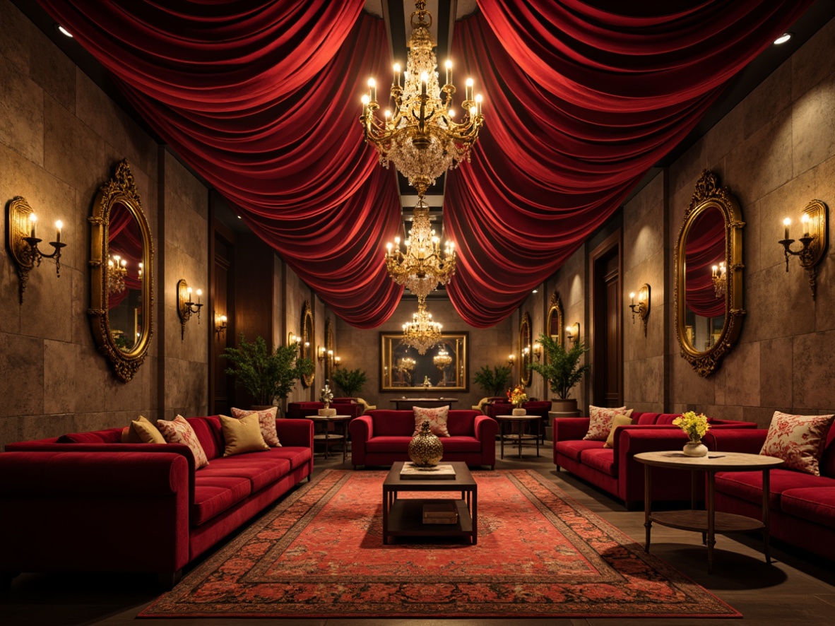 Prompt: Rich velvet drapes, soft golden lighting, ornate mirrors, rustic wooden accents, distressed stone walls, lavish chandeliers, plush red couches, antique furniture pieces, vintage decorative accessories, elegant metallic fixtures, dimly lit atmosphere, intimate seating areas, luxurious fabrics, heavy drapery, intricate carvings, subtle texture overlays, cinematic color grading, 1/2 composition, dramatic spotlights, realistic reflections.