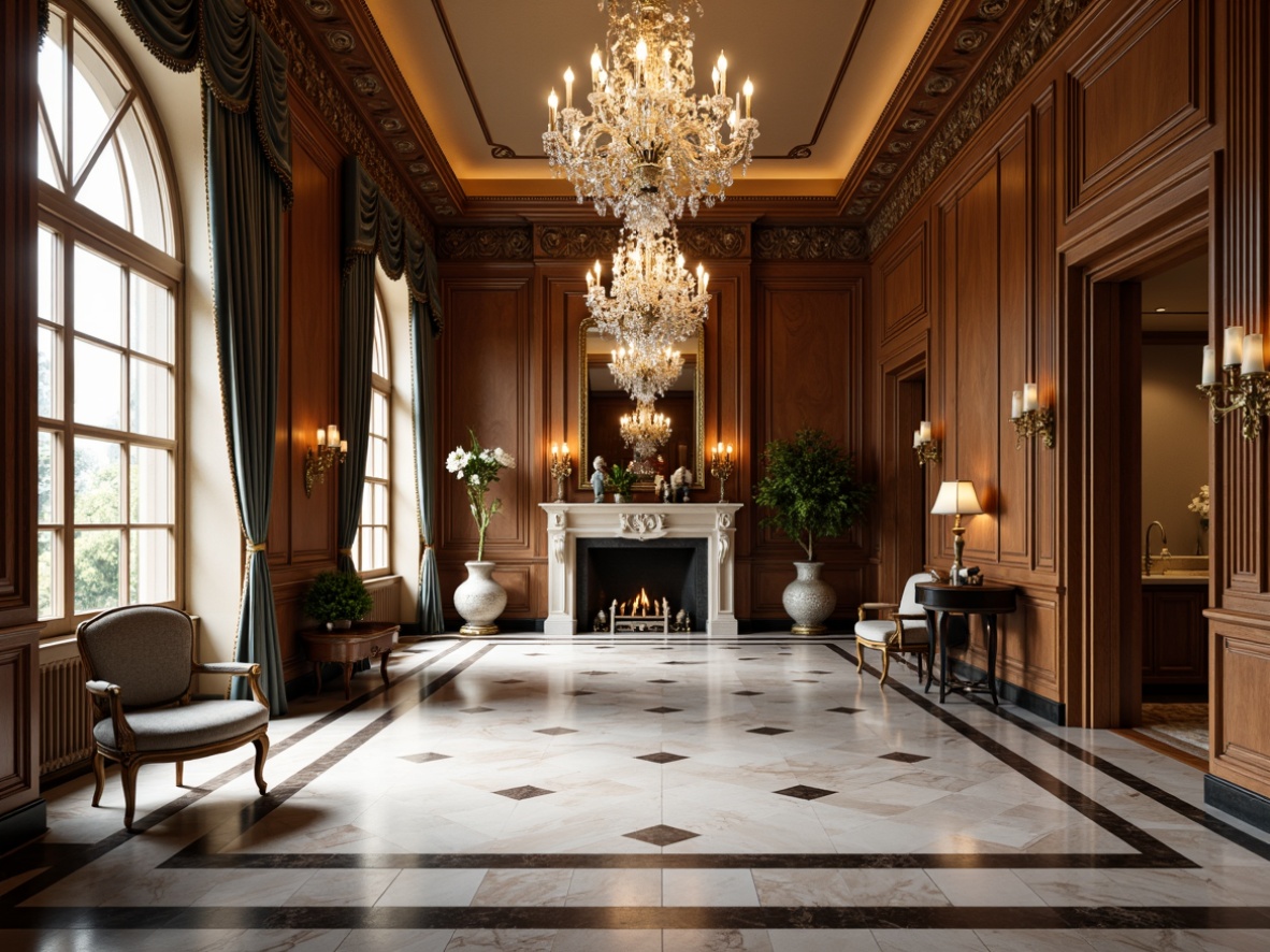 Prompt: Luxurious marble floors, ornate moldings, gilded accents, velvet drapes, crystal chandeliers, rich wood paneling, neoclassical furniture, intricate carvings, subtle texture contrasts, soft warm lighting, cinematic depth of field, 1/2 composition, realistic reflections, ambient occlusion.