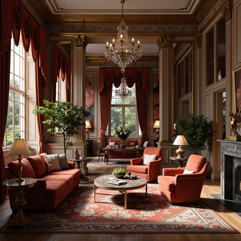 Prompt: Elegant living room, ornate furnishings, rich velvet fabrics, gilded frames, intricately carved wooden furniture, classical columns, marble tops, crystal chandeliers, luxurious drapery, subtle color palette, sophisticated patterns, refined textures, soft warm lighting, shallow depth of field, 2/3 composition, realistic renderings, ambient occlusion.