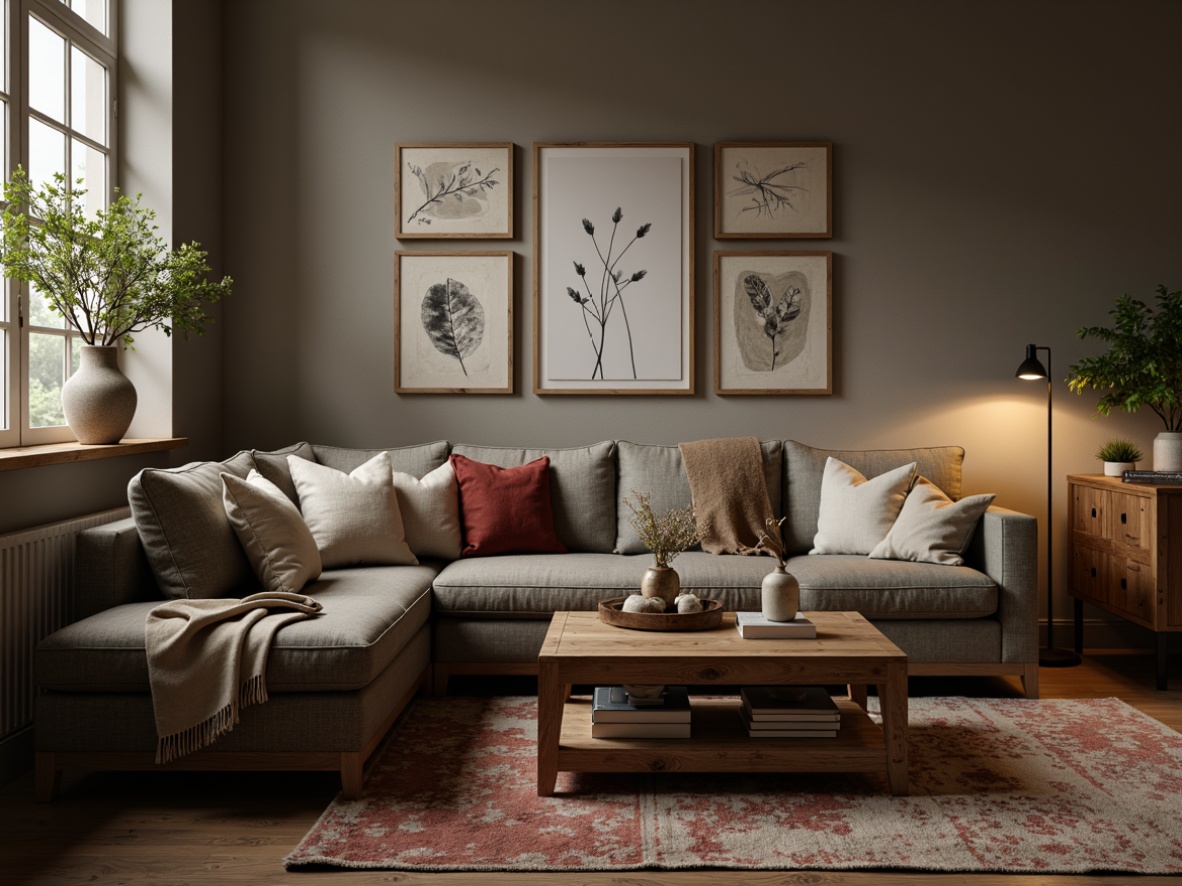 Prompt: Cozy living room, plush sectional sofa, reclaimed wood coffee table, vintage rug, industrial metal lamps, comfortable throw pillows, natural linen upholstery, earthy color palette, warm ambient lighting, soft background music, intimate atmosphere, 3/4 composition, shallow depth of field, realistic textures, ambient occlusion.