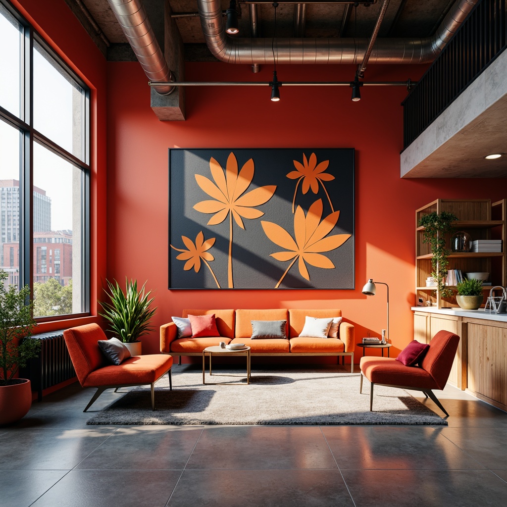 Prompt: Vibrant modern interior, bold color palette, contrasting textures, sleek metallic accents, minimalist decor, abstract artwork, statement lighting fixtures, polished concrete floors, industrial-chic atmosphere, exposed ductwork, urban loft setting, natural daylight, soft warm ambiance, shallow depth of field, 3/4 composition, realistic renderings, ambient occlusion.