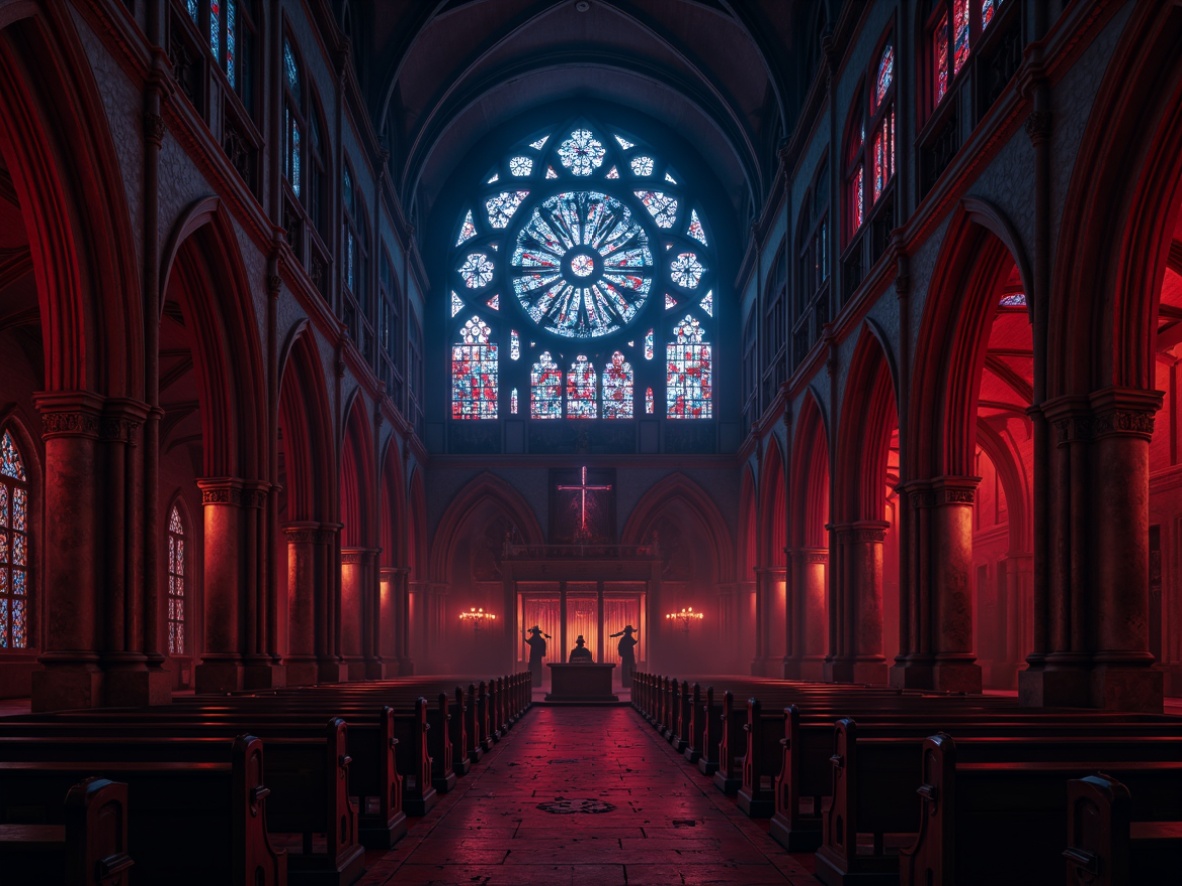 Prompt: Dark mysterious cathedral, ornate stone carvings, vaulted ceilings, grandiose stained glass windows, rich velvety darkness, eerie shadows, bold crimson reds, deep indigo blues, foreboding black silhouettes, misty atmospheric lighting, dramatic spotlights, intricate Gothic patterns, weathered stone textures, mystical ambient occlusion.