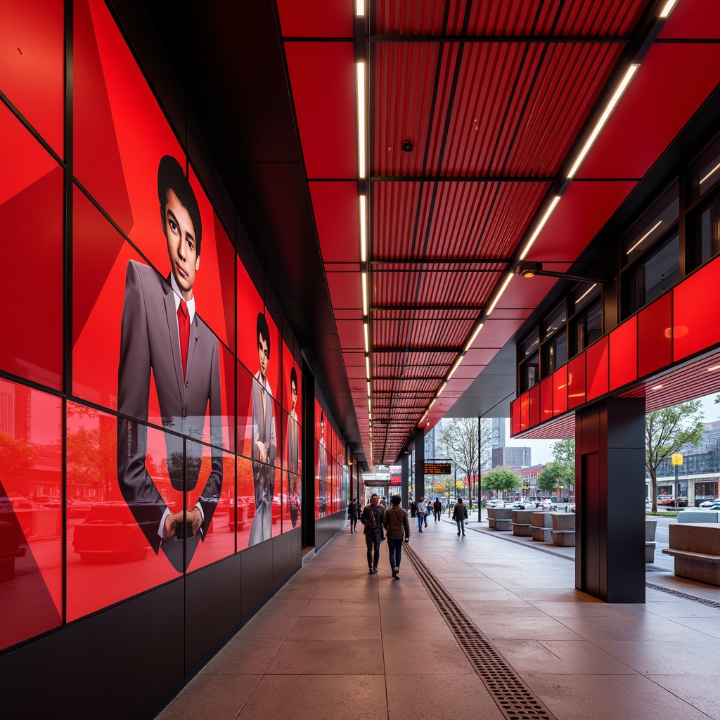 Prompt: Vibrant red accents, geometric patterned walls, glossy enamel finishes, industrial metal cladding, bold crimson hues, modern abstract murals, dynamic LED light installations, urban bus station architecture, sleek glass facades, minimalist concrete floors, futuristic transportation hub, bustling city atmosphere, shallow depth of field, 1/1 composition, dramatic backlighting, high-contrast color scheme.