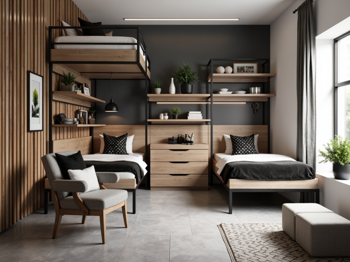 Prompt: Modern dorm room, minimalist decor, sleek metal frames, low-profile beds, compact desks, ergonomic chairs, geometric-patterned rugs, monochromatic color scheme, industrial-style lighting fixtures, reclaimed wood accents, modular shelving units, Scandinavian-inspired furniture pieces, soft-close drawers, LED strip lighting, minimalist headboards, functional storage ottomans, bold accent walls, 1/2 composition, softbox lighting, realistic textures.