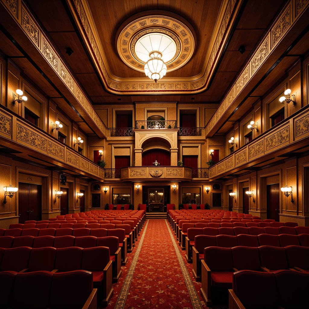 Prompt: Elegant auditorium, traditional style design, rich wood tones, ornate carvings, plush red velvet seats, curved rows, central aisle, raised stage, grand chandelier, intricate moldings, luxurious fabrics, soft warm lighting, dramatic spotlights, 3/4 composition, symmetrical arrangement, ornate balconies, decorative railings, classical architectural details, subtle color palette.