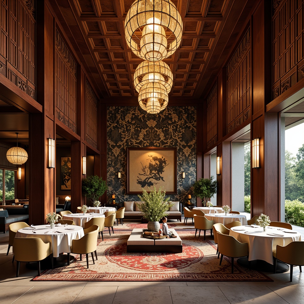 Prompt: Elegant dining hall, intricately carved wooden panels, ornate lacquerware, vibrant silk fabrics, delicate paper lanterns, traditional Chinese motifs, intricate geometric patterns, subtle golden accents, polished marble floors, grandiose chandeliers, warm ambient lighting, shallow depth of field, 3/4 composition, panoramic view, realistic textures, ambient occlusion, bamboo furniture, natural fiber rugs, Asian-inspired artwork, serene water features, lush greenery.