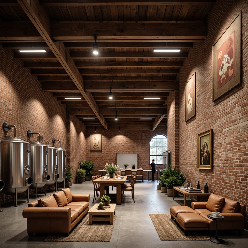 Prompt: Rustic winery interior, exposed brick walls, metal beams, reclaimed wood accents, industrial-style lighting fixtures, stainless steel wine tanks, wooden barrels, vintage farming tools, earthy color palette, natural stone floors, distressed leather furniture, modern minimalist decor, urban loft ambiance, dramatic high ceilings, functional storage spaces, eclectic artwork, warm ambient lighting, shallow depth of field, 2/3 composition, realistic textures.