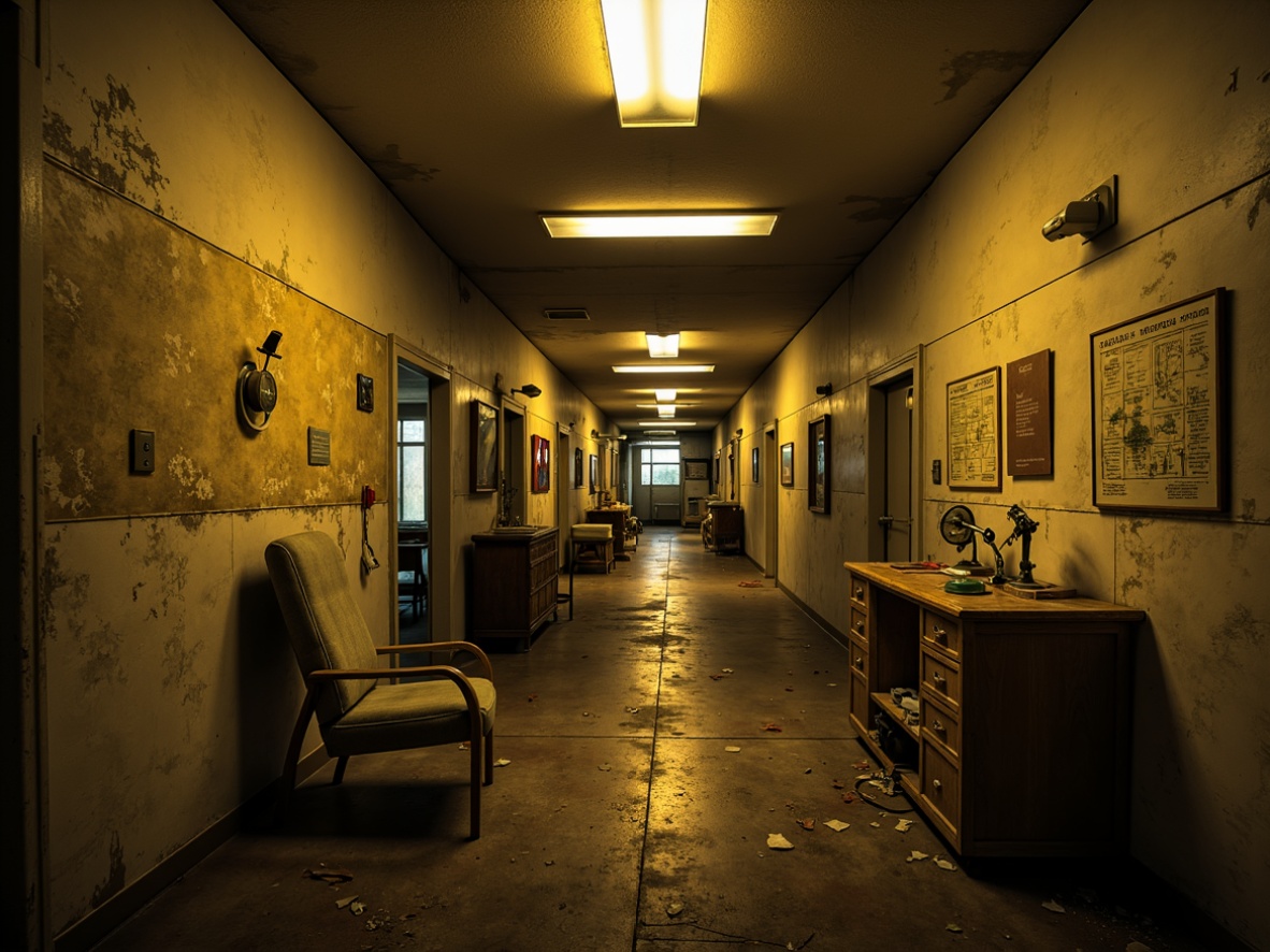 Prompt: Mysterious abandoned asylum, crumbling walls, eerie silence, flickering fluorescent lights, warm golden lighting, soft shadows, creepy corridors, dusty old furniture, worn-out wooden floors, peeling paint, rusted medical equipment, dimly lit rooms, ambient Occlusion, shallow depth of field, 1/1 composition, cinematic mood, realistic textures.