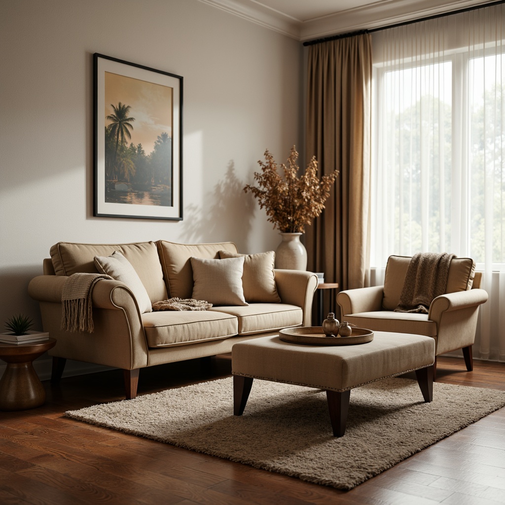 Prompt: Plush velvet sofa, soft cushioned armchair, rich leather ottoman, luxurious fabric textures, warm beige color palette, elegant tufting details, sturdy wooden legs, classic roll-arm design, sophisticated living room setting, natural light pouring in, subtle sheer curtains, polished hardwood floor, cozy throw blankets, inviting atmosphere, 1/1 composition, softbox lighting, realistic fabric simulations.