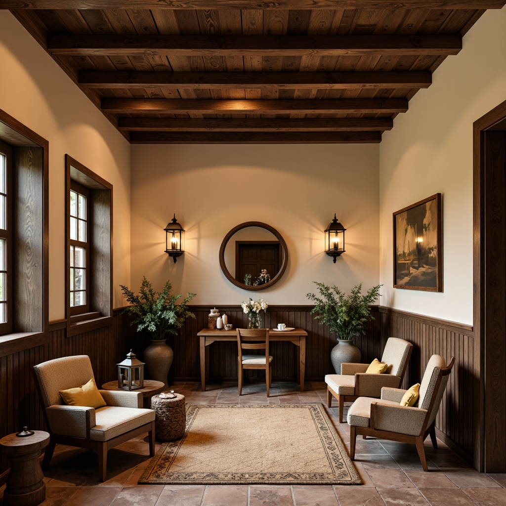 Prompt: Warm beige walls, dark wood wainscoting, rustic wooden beams, earthy tone ceramic tiles, natural stone flooring, plush area rugs, cozy armchairs, vintage metal lanterns, distressed wood furniture, soft warm lighting, 3/4 composition, intimate scale, craftsman-inspired decor, rich textures, ambient occlusion, warm color palette.