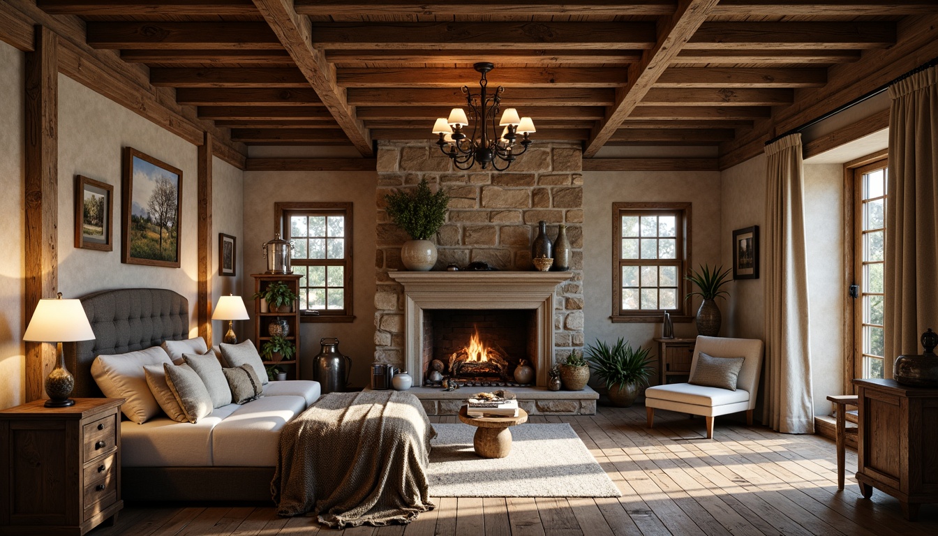 Prompt: Rustic farmhouse, exposed wooden beams, distressed wood textures, metal accents, industrial lighting fixtures, reclaimed barn doors, vintage farm tools, earthy color palette, natural stone walls, wooden plank floors, cozy reading nooks, plush throw blankets, warm candlelight, shallow depth of field, 2/3 composition, soft warm lighting, realistic wood grain details, ambient occlusion.