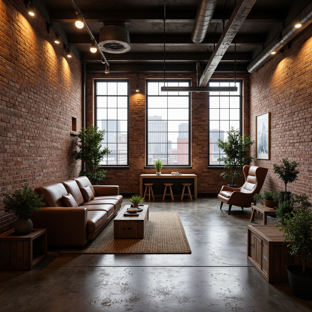 Prompt: Exposed brick walls, reclaimed wood accents, polished concrete floors, industrial metal beams, Edison bulb lighting, minimalist decor, urban loft atmosphere, converted warehouse space, functional pipes and ducts, distressed leather furniture, metallic color scheme, rustic wooden crates, urban cityscape views, overcast skies, dramatic shadows, high contrast ratio, 1/1 composition, realistic textures, ambient occlusion.