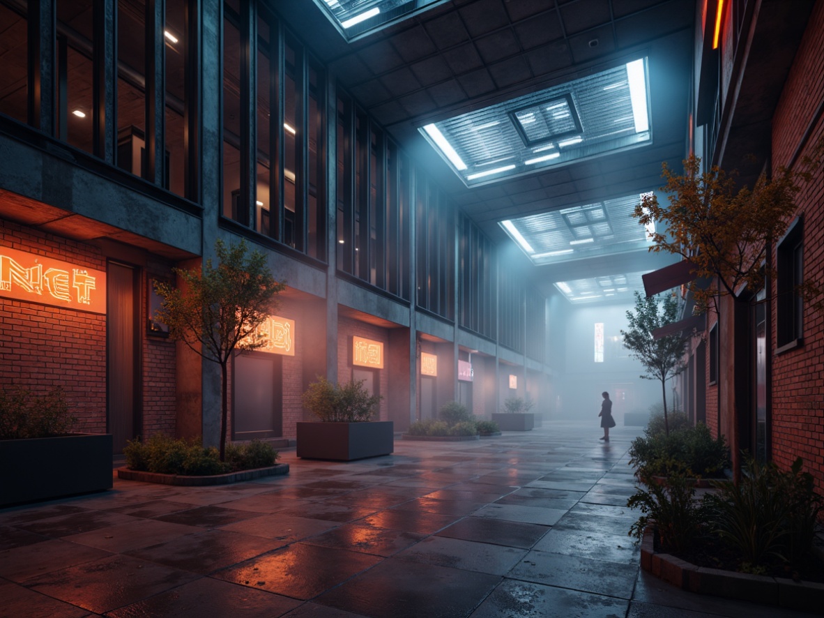 Prompt: Exposed brick walls, industrial metal beams, polished concrete floors, brutalist architecture, atmospheric fog effects, moody dim lighting, warm accent lights, neon signs, LED strips, futuristic glow, high-contrast shadows, dramatic spotlights, ambient occlusion, cinematic camera angles, 2.5D composition, realistic textures, gritty urban atmosphere, sci-fi elements, metallic surfaces, distressed finishes, aggressive color palette, dark tones, intense gaming atmosphere, competitive esports setup, immersive virtual reality experience.