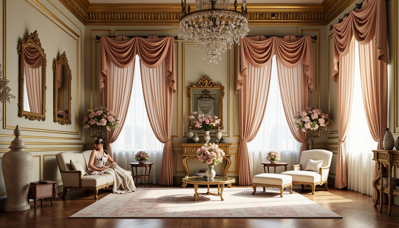 Prompt: Ornate gold frames, intricate carvings, lavish furnishings, ornamental mirrors, crystal chandeliers, soft velvet fabrics, luxurious silk drapes, delicate porcelain vases, whimsical curved lines, pastel color palette, gentle warm lighting, shallow depth of field, 1/1 composition, romantic atmosphere, subtle texture overlays, elegant furniture legs, carved wooden panels, subtle Baroque influences.