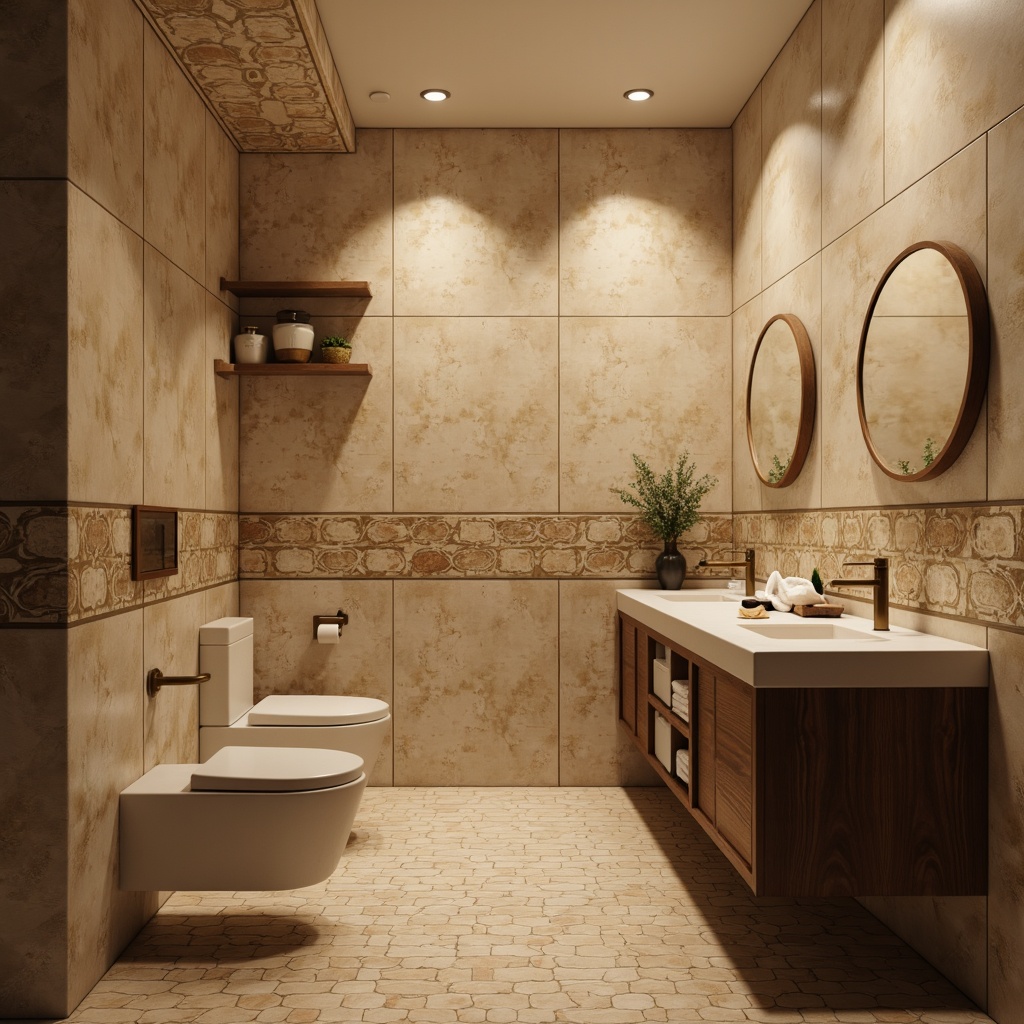 Prompt: Retro-style powder room, hexagonal ceramic tiles, warm beige tones, geometric patterns, natural stone accents, walnut wood cabinetry, minimalist chrome fixtures, sleek modern sink, ambient softbox lighting, 1/1 composition, shallow depth of field, realistic textures, subtle gradient effects.Please let me know if this meets your requirements!