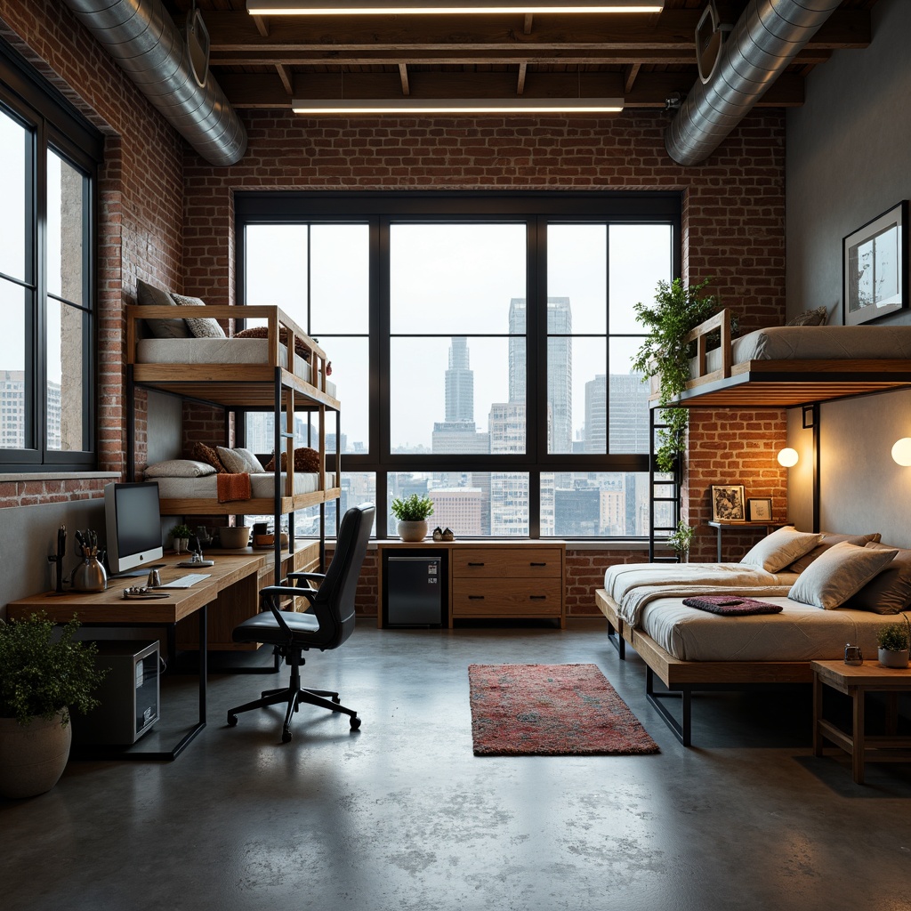 Prompt: Modern dorm room, industrial chic decor, reclaimed wood accents, metal frame beds, minimalist desks, ergonomic chairs, floor-to-ceiling windows, urban city views, concrete floors, exposed brick walls, Edison bulb lighting, cozy throw blankets, plush area rugs, sleek storage units, hidden Murphy beds, compact refrigerators, microwave ovens, futuristic smart home systems, warm ambient lighting, shallow depth of field, 1/1 composition, realistic textures, subtle color grading.