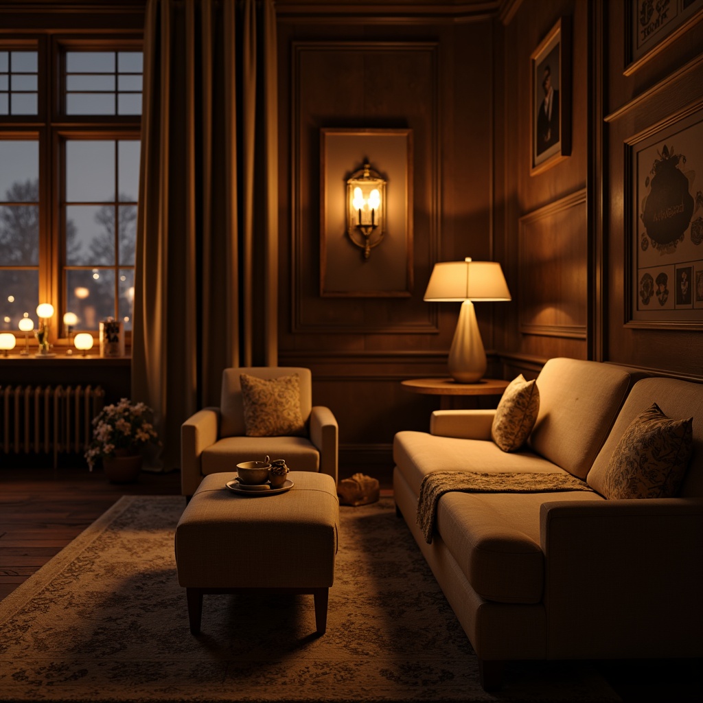 Prompt: Warm candlelight, softbox lighting, gentle shadows, creamy textures, wooden accents, plush furnishings, rich fabrics, earthy tones, dimmable lamps, warm color temperatures, inviting ambience, comfortable seating, intimate spaces, subtle glow, ambient Occlusion, 1/1 composition, shallow depth of field, realistic reflections, relaxed mood.