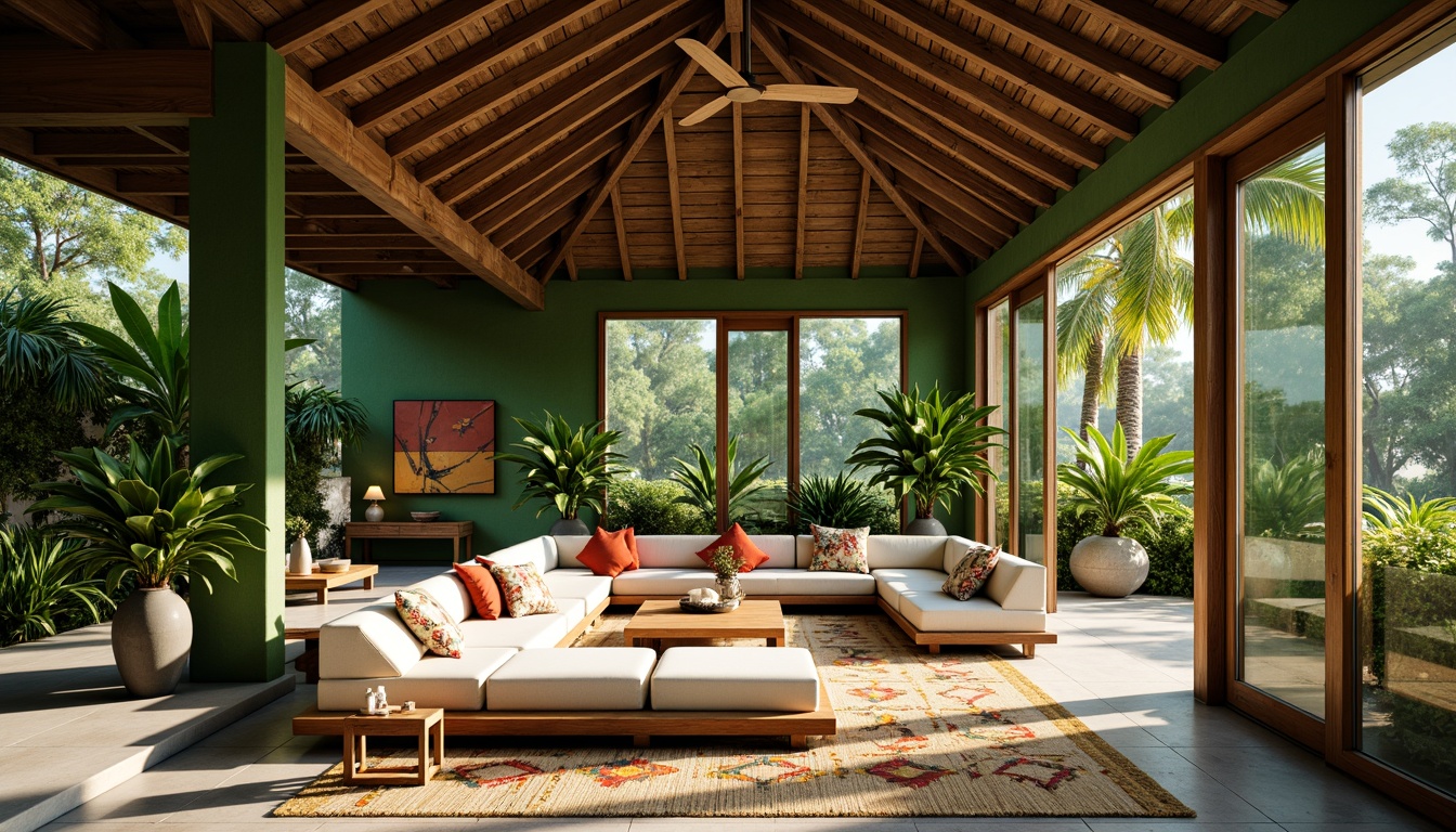 Prompt: Tropical villa, lush green walls, exotic plants, natural stone floors, wooden accents, large windows, sliding glass doors, open-air verandas, warm sunny days, soft diffused light, high ceilings, airy atmosphere, minimalist decor, woven rattan furniture, vibrant colorful textiles, ethnic-inspired patterns, subtle shadows, 1/2 composition, warm white lighting, soft focus, shallow depth of field.