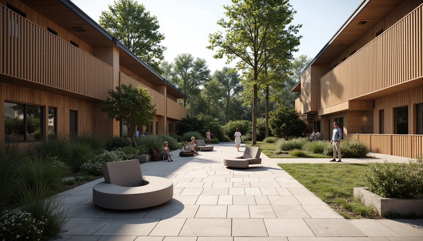 Prompt: Light-filled courtyard, Nordic-inspired architecture, wooden accents, natural stone flooring, minimalist landscaping, modern sculptures, sleek metal benches, abundant greenery, tall trees, calm atmosphere, soft diffused lighting, shallow depth of field, 1/2 composition, warm color palette, rustic textures, ambient occlusion.