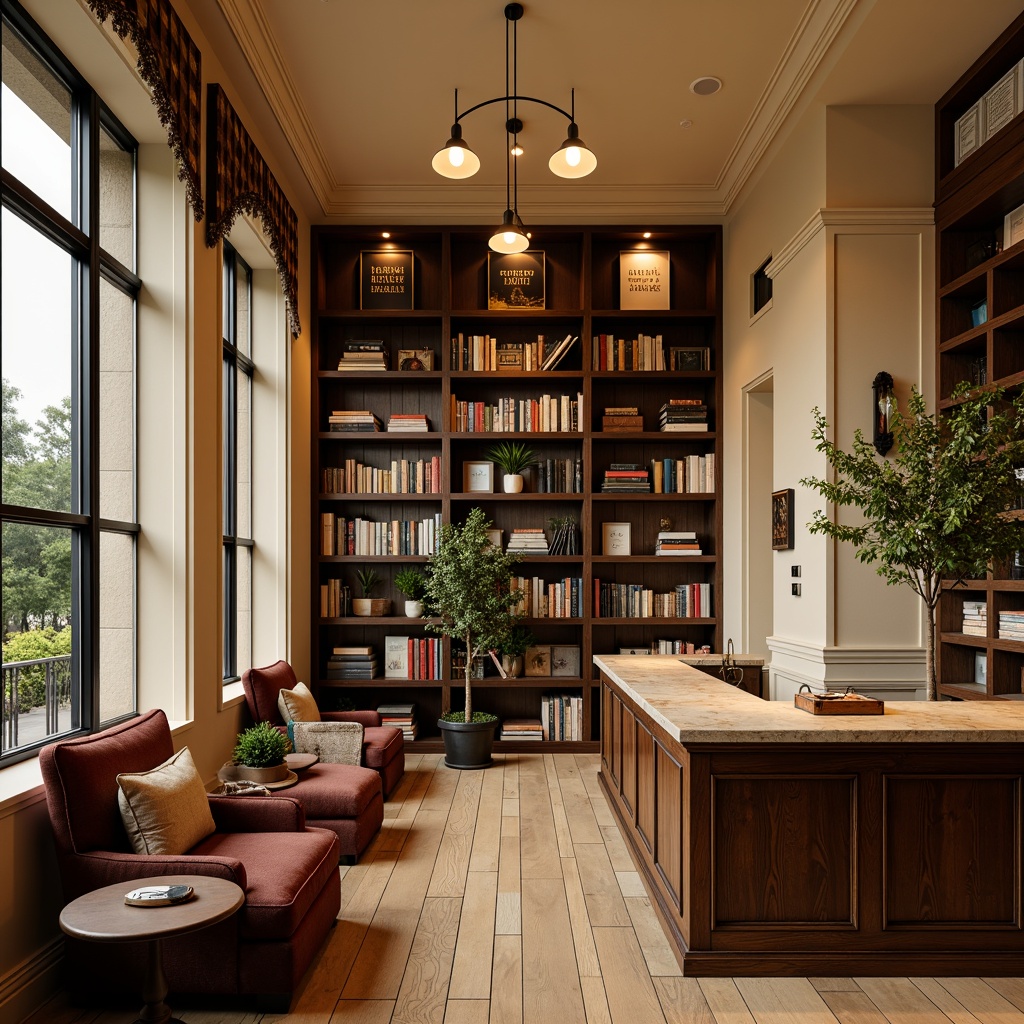 Prompt: Cozy bookstore atmosphere, warm beige walls, dark wood shelves, comfortable reading nooks, plush armchairs, soft golden lighting, vintage book collections, classic literature displays, elegant typography, earthy tone color scheme, muted green accents, creamy white trim, rustic wooden floors, natural stone countertops, floor-to-ceiling windows, soft diffused light, warm inviting ambiance, 1/1 composition, shallow depth of field, realistic textures, ambient occlusion.