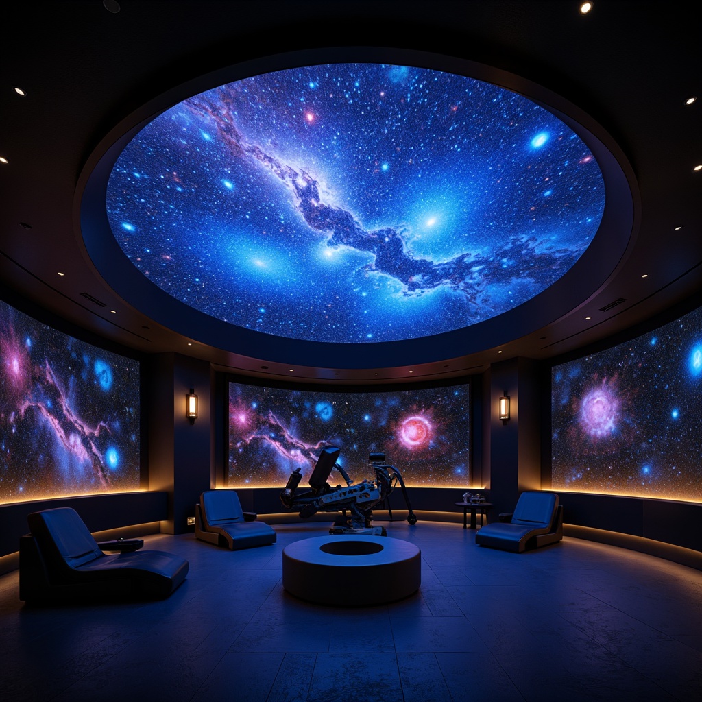 Prompt: Cosmic planetarium interior, starry night sky, dome-shaped ceiling, ambient LED lighting, fiber optic starfield, projection mapping, nebula-inspired color scheme, dark blue and purple hues, twinkling lights, celestial bodies, 3D projections, surround sound system, comfortable seating, reclined chairs, futuristic design elements, metallic accents, sleek lines, minimalist decor, subtle glow effects, soft shadows, high contrast ratio, dramatic lighting transitions, 360-degree visual experience, immersive atmosphere.