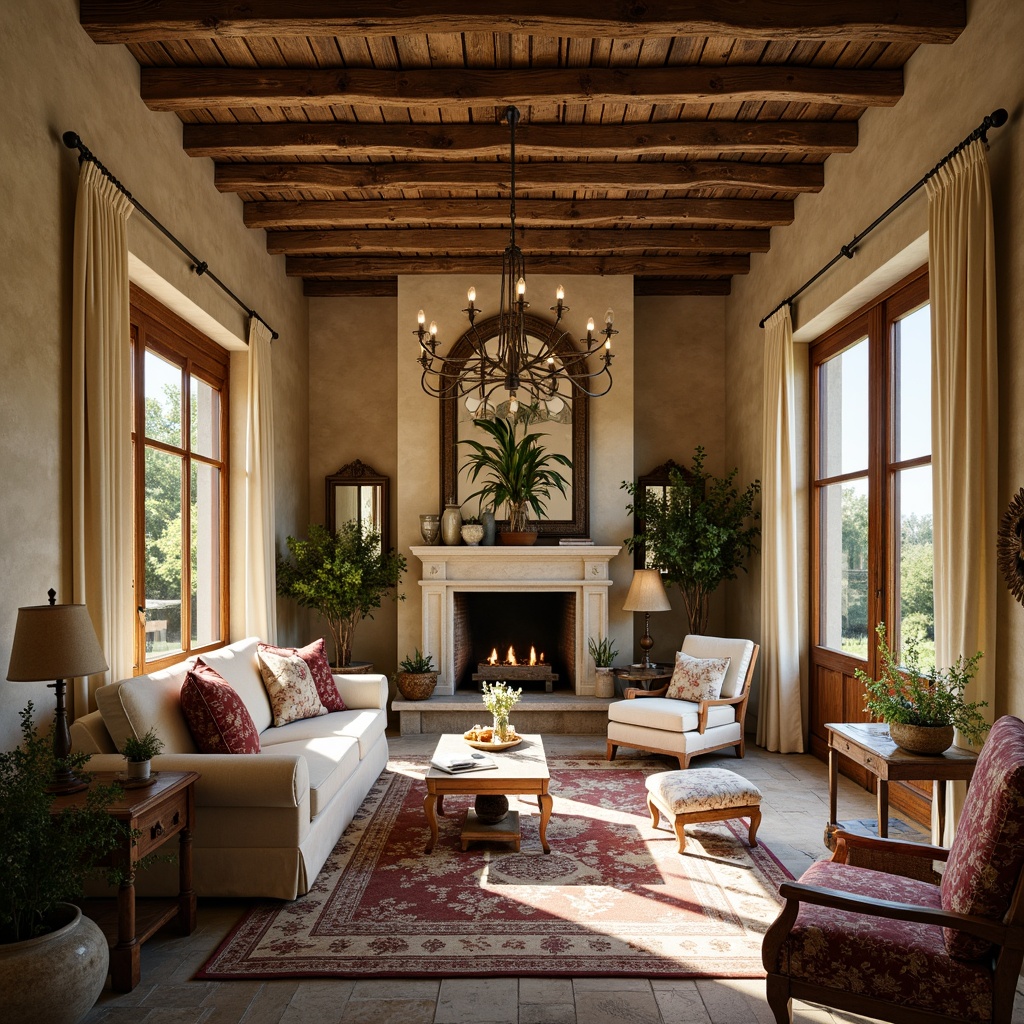 Prompt: Rustic French country estate, distressed wood accents, soft golden lighting, ornate metalwork, curved lines, vintage furnishings, plush velvet fabrics, rich jewel-toned colors, natural stone fireplaces, worn brick floors, elegant chandeliers, lavish drapery, antique decorative items, distressed finishes, botanical prints, whimsical florals, romantic ambiance, warm beige walls, soft cream-colored furniture, delicate lace details, classic ornate mirrors, idyllic countryside views, sunny afternoon light, shallow depth of field, 3/4 composition, realistic textures, ambient occlusion.