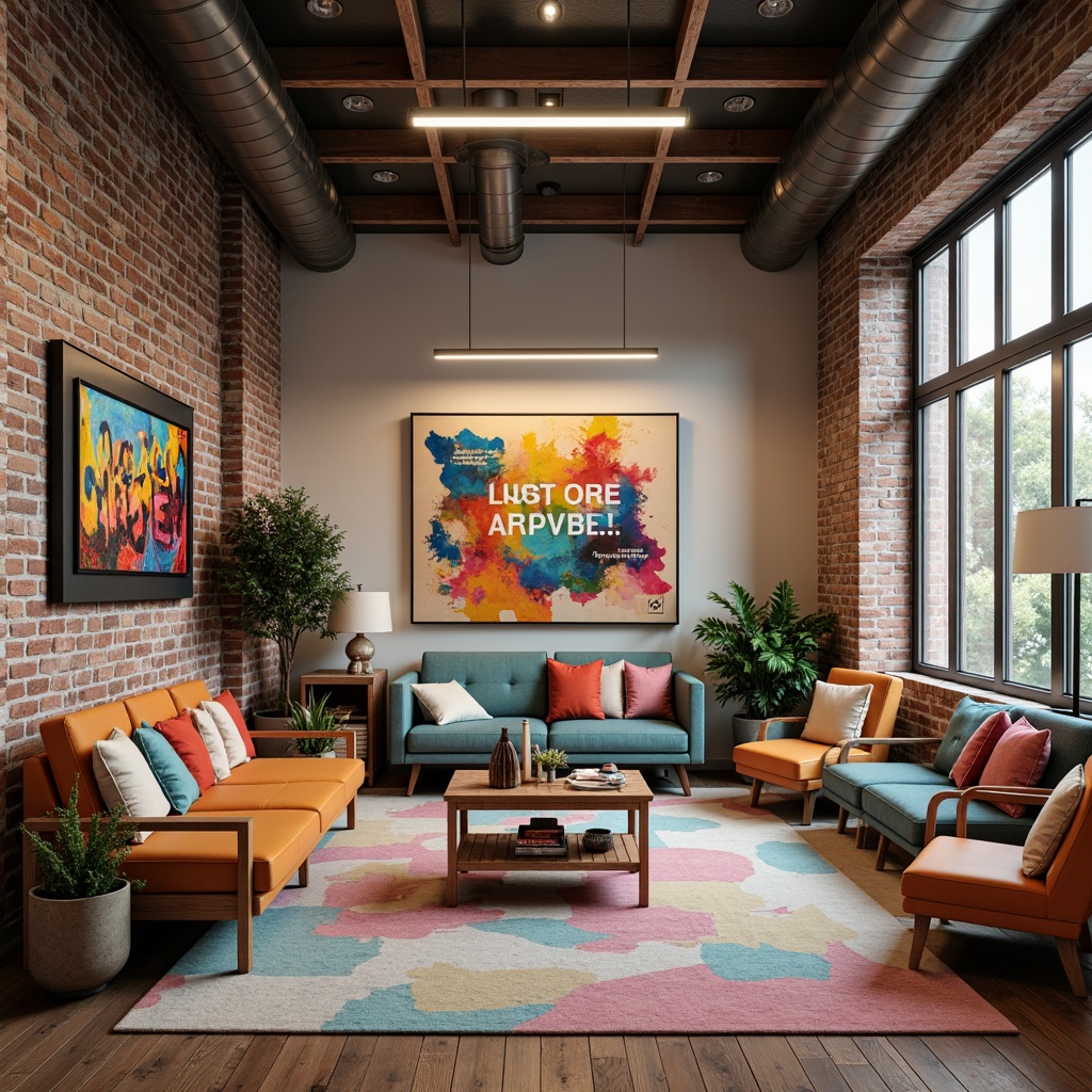 Prompt: Vibrant artistic studio, eclectic furniture, abstract artwork, bold color accents, pastel hues, rich textures, industrial lighting fixtures, exposed brick walls, modern minimalist decor, sleek metallic surfaces, bold typography, contrasting colors, harmonious palette, natural material integration, cozy atmosphere, warm soft lighting, shallow depth of field, 1/1 composition, realistic renderings.