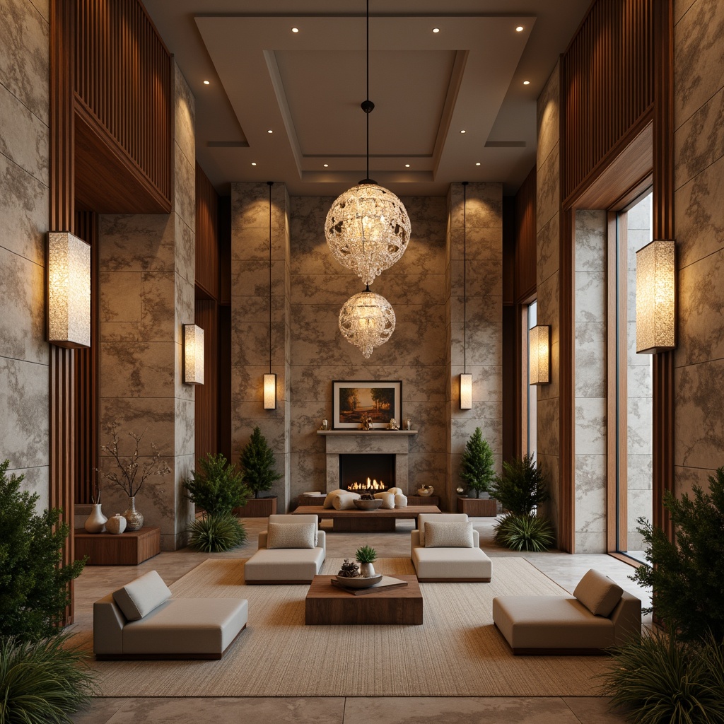 Prompt: Luxurious interior space, stone-inspired walls, elegant lighting fixtures, crystal chandeliers, pendant lamps, warm ambient glow, soft diffused light, subtle shadows, rich wood accents, natural textures, earthy color palette, sophisticated furniture designs, modern minimalist aesthetic, 1/1 composition, shallow depth of field, realistic renderings, ambient occlusion.