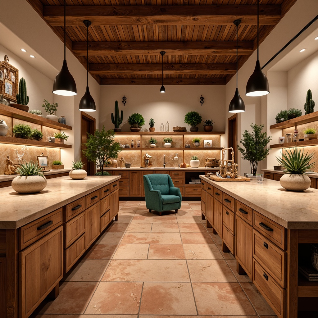 Prompt: Southwestern-style laboratory, warm beige countertops, rich wood cabinetry, earthy tone backsplashes, terracotta flooring, natural stone walls, rustic metal accents, pendant lighting fixtures, desert-inspired botanicals, cacti displays, sandy-hued furniture, vibrant turquoise accents, woven textiles, geometric patterns, warm ambient lighting, shallow depth of field, 3/4 composition, realistic textures.