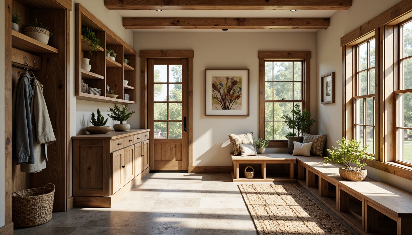 Prompt: Cozy mudroom, rustic wooden benches, woven baskets, natural stone flooring, earthy color palette, warm ambient lighting, soft overhead lighting, task lighting on shelves, LED strip lights under cabinets, modern farmhouse style, metal and glass accents, textured rugs, nature-inspired wall art, large windows with transom lights, sunny day, shallow depth of field, 1/2 composition, realistic textures, subtle shadows.