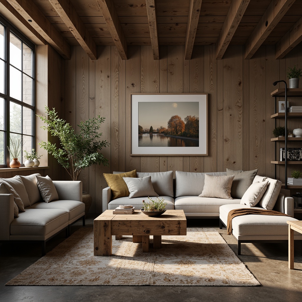 Prompt: Neutral-toned sofas, plush throw pillows, reclaimed wood coffee tables, industrial metal chairs, vintage rugs, natural stone floors, earthy color palette, modern minimalist decor, soft warm lighting, shallow depth of field, 3/4 composition, cozy atmospheric ambiance, realistic textures, ambient occlusion.