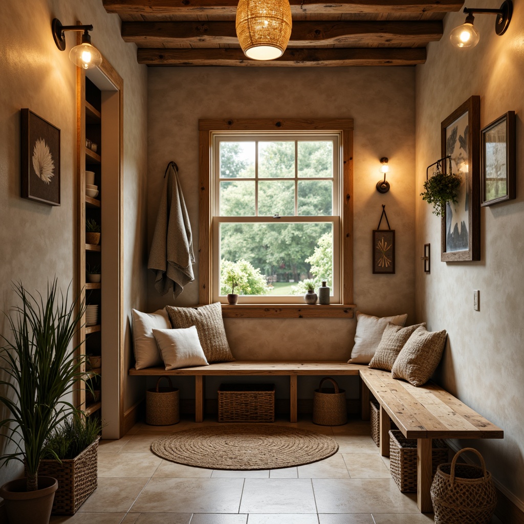 Prompt: Cozy mudroom, rustic wooden benches, woven baskets, natural stone flooring, warm beige walls, soft warm lighting, pendant lamps, recessed ceiling lights, LED strip lights, motion-sensing night lights, industrial-style metal shelves, vintage-inspired decorative items, earthy color palette, organic textures, 1/1 composition, shallow depth of field, realistic reflections.