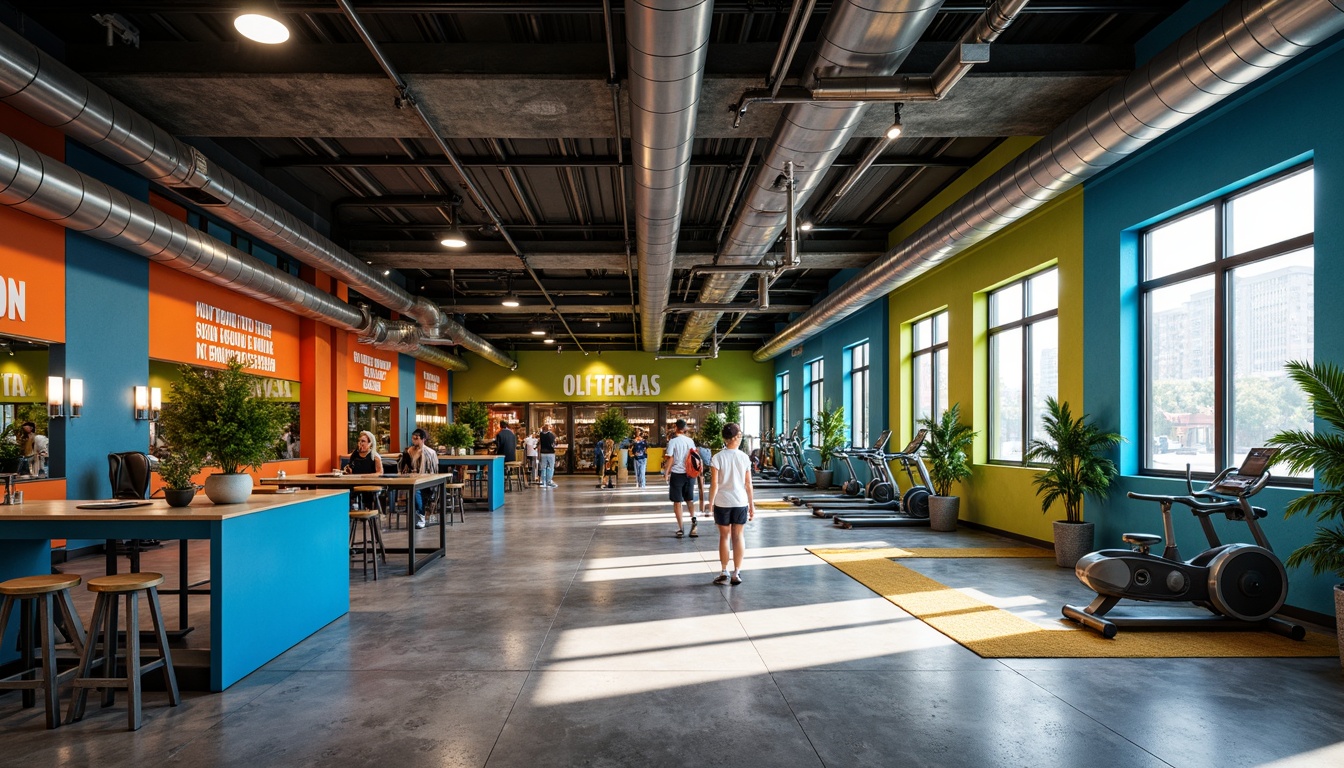 Prompt: Vibrant fitness center, bold industrial architecture, exposed ductwork, polished concrete floors, metallic accents, motivational quotes, energetic color scheme, deep blues, bright oranges, lime greens, neutral grays, high-contrast lighting, dramatic shadows, dynamic compositions, urban loft aesthetic, reclaimed wood features, sports equipment, free weights, treadmills, exercise bikes, mirrored walls, industrial-chic decor, modern minimalist vibe.