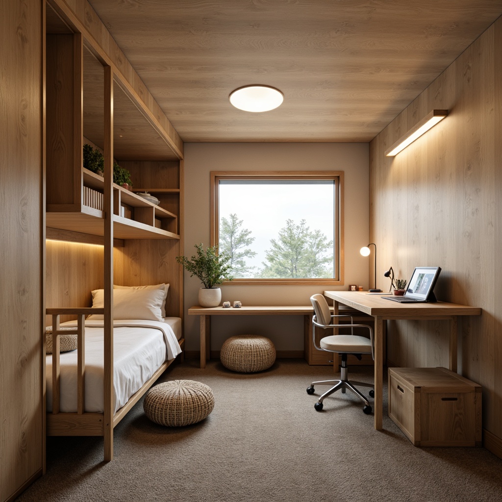 Prompt: Cozy dorm room, wooden furniture, neutral color palette, comfortable bedding, ample storage space, compact desk area, ergonomic chair, good lighting, soft warm glow, natural wood grain, minimalist decor, functional shelving, cozy reading nook, plush carpeting, serene atmosphere, 3/4 composition, shallow depth of field, realistic textures, ambient occlusion.