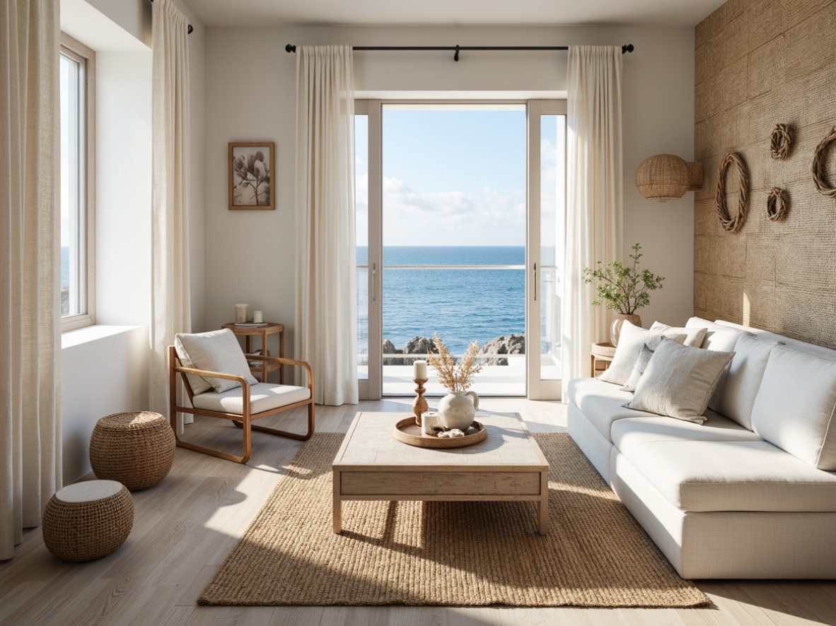 Prompt: Coastal-themed interior, natural woven fibers, jute rugs, sisal wall coverings, ocean-inspired color palette, soothing blues and whites, weathered wood accents, driftwood decorations, nautical rope details, linen upholstery, cotton canvas drapes, sea-salt scented candles, warm beige tones, organic textures, subtle shell patterns, soft natural lighting, airy atmosphere, 1/1 composition, minimalist style, serene ambiance.