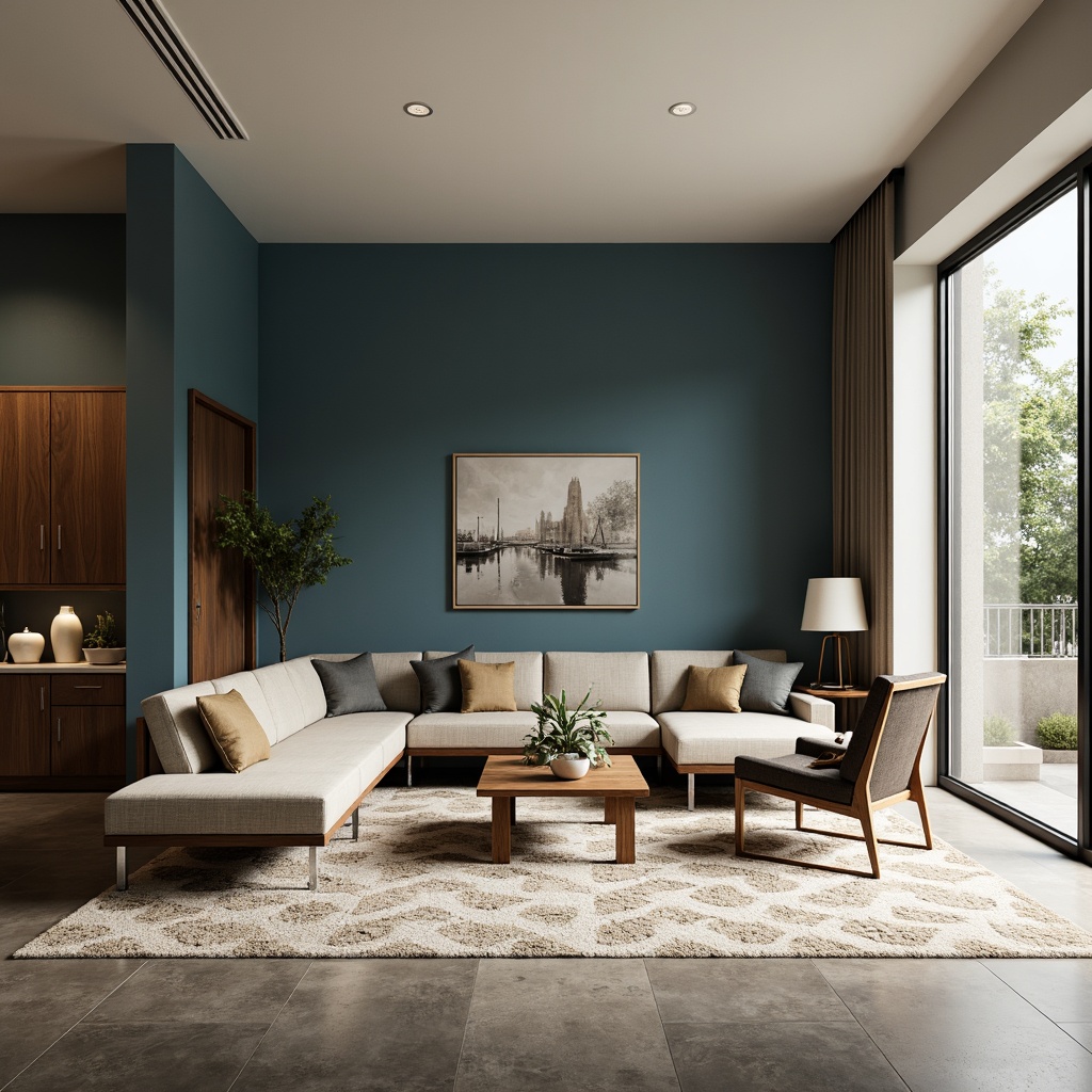 Prompt: Mid-century modern living room, soothing blue palette, warm beige walls, dark wood accents, sleek chrome legs, retro-inspired furniture, geometric patterned rugs, abstract artwork, floor-to-ceiling windows, natural light, subtle shadows, shallow depth of field, 1/2 composition, realistic textures, ambient occlusion.