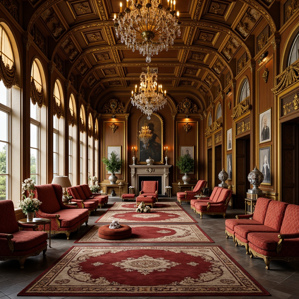 Prompt: Ornate Baroque palace, lavish golden accents, intricately carved wooden furniture, velvet upholstery, regal throne-like chairs, gilded mirrors, crystal chandeliers, richly patterned rugs, grandiose scale, dramatic lighting, warm earthy tones, luxurious fabrics, antique vases, ornamental decorations, curved lines, flamboyant patterns, opulent ambiance, 1/2 composition, warm soft focus, realistic textures.