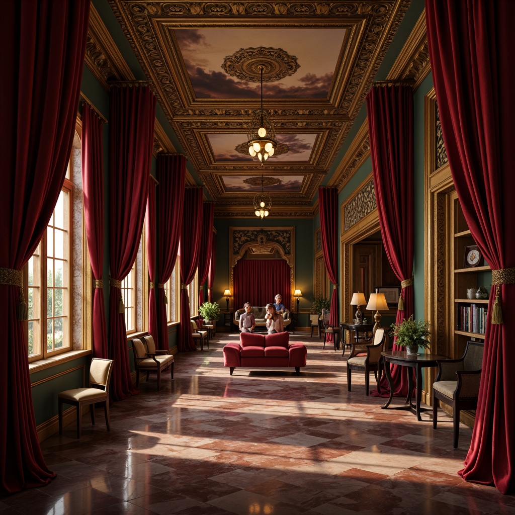 Prompt: Rich velvet fabrics, ornate gold accents, warm candlelight, opulent marble floors, lavish fresco ceilings, dramatic chiaroscuro, intense jewel-toned colors, crimson reds, emerald greens, sapphire blues, majestic purple hues, intricate ornamental patterns, gilded frames, luxurious textures, regal atmosphere, soft warm lighting, subtle shadows, 1/2 composition, intimate focus, realistic renderings, ambient occlusion.