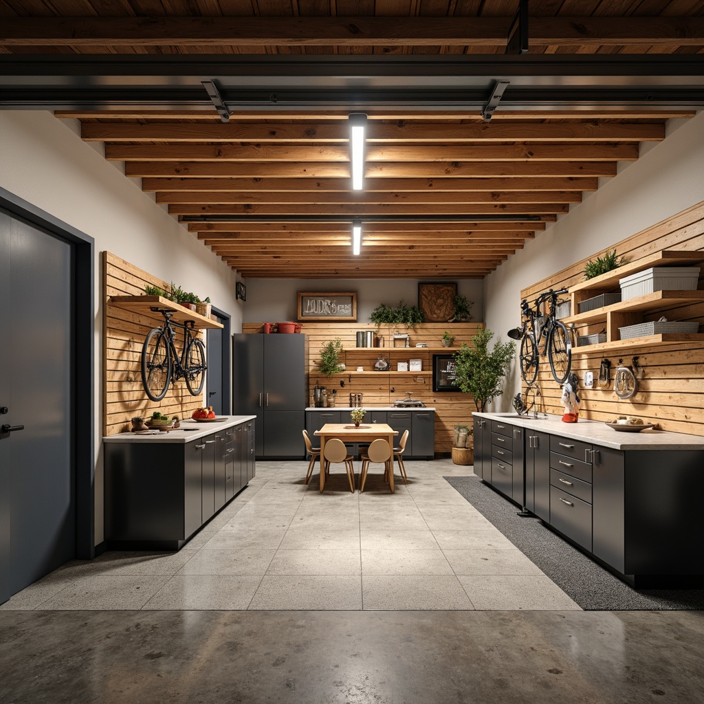 Prompt: Cozy family garage, organized storage systems, sleek metal cabinets, epoxy-coated floors, bright LED lighting, modern industrial architecture, functional workbenches, tool organizers, wall-mounted racks, hanging bicycles, storage lofts, slatted shelving, labeled bins, soft warm color scheme, natural wood accents, 3/4 composition, shallow depth of field, realistic textures, ambient occlusion.