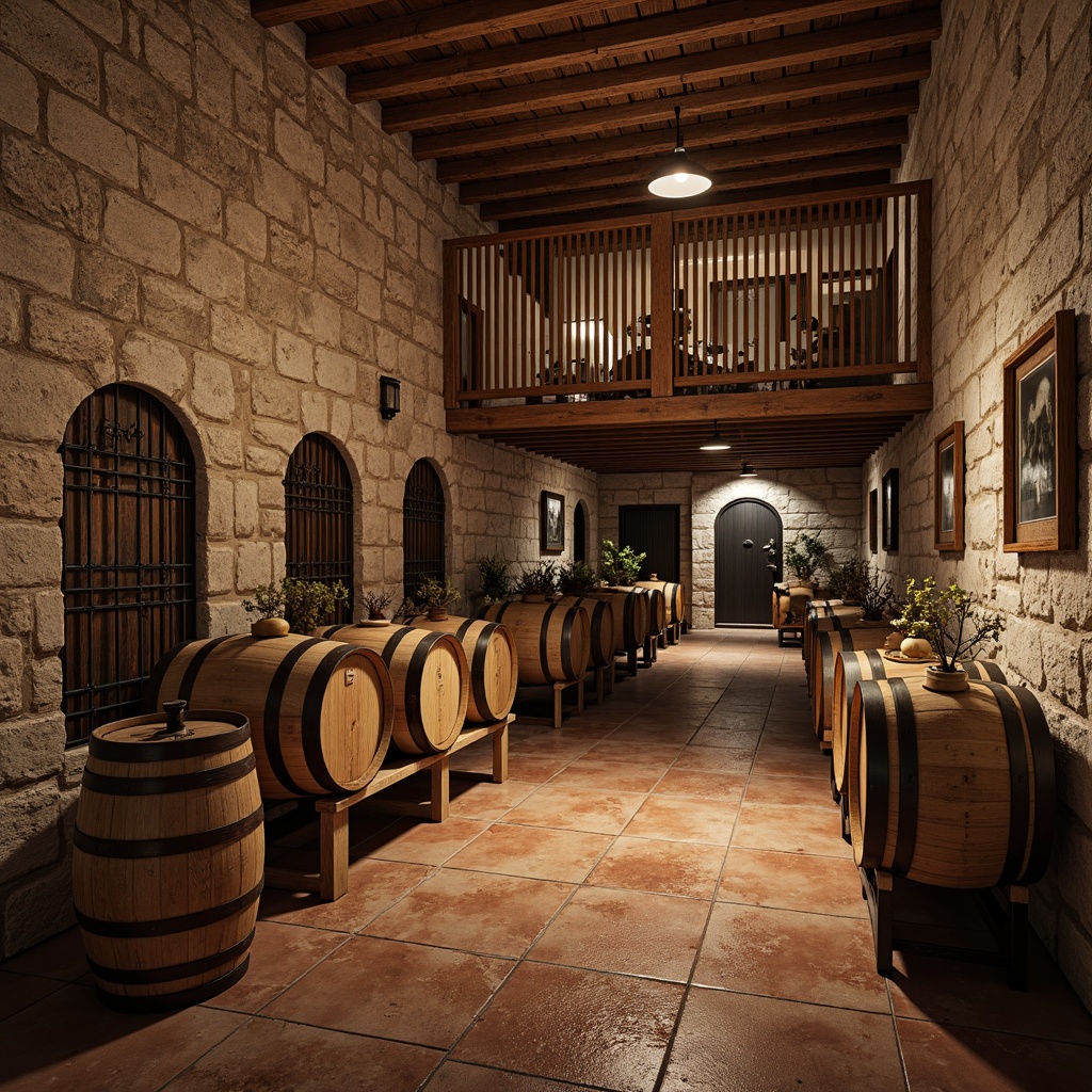 Prompt: Rustic winery, stone walls, wooden barrels, vintage wine-making equipment, earthy tones, natural textures, rough-hewn wood accents, distressed metal doors, ornate ironwork, terracotta tiles, curved archways, warm candlelight, soft shadows, ambient occlusion, 1/1 composition, realistic rendering, detailed normal maps.