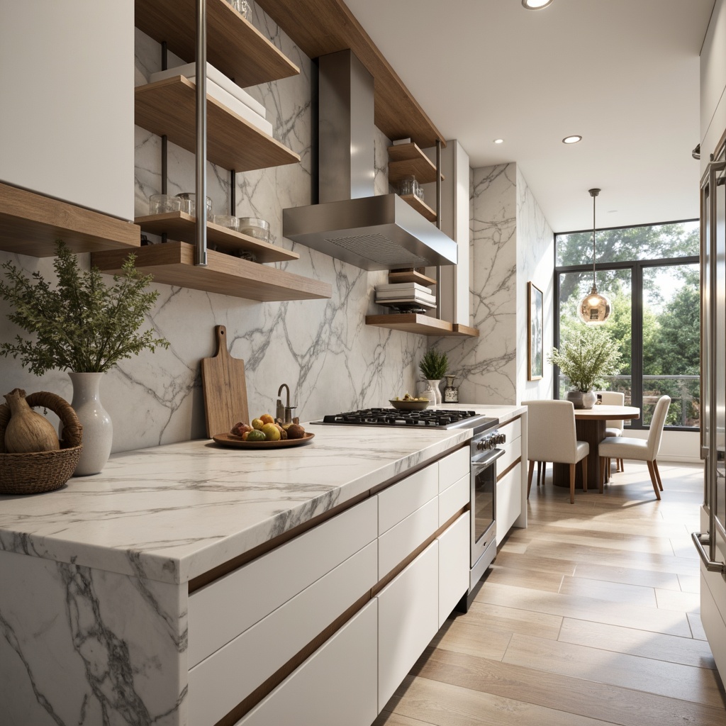 Prompt: Luxurious kitchen, marble countertops, white Carrara marble, subtle veining, elegant cabinetry, stainless steel appliances, modern faucet designs, pendant lighting fixtures, natural stone backsplashes, earthy tone color palette, high-gloss finish, 3/4 composition, shallow depth of field, soft warm lighting.