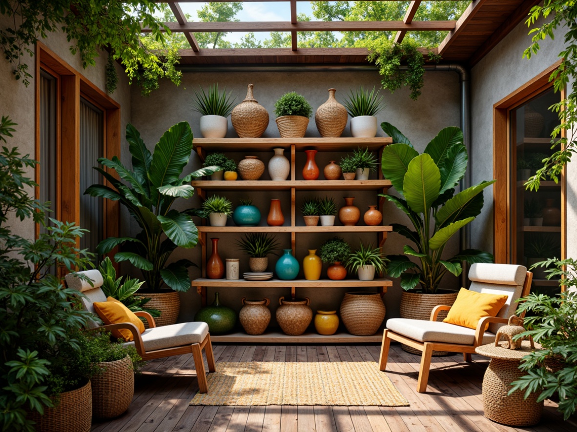 Prompt: Vibrant tropical storage room, exotic wooden shelves, woven rattan baskets, colorful ceramic vases, lush green plants, natural stone walls, rustic metal accents, reclaimed wood flooring, warm ambient lighting, soft focus, shallow depth of field, 1/2 composition, atmospheric misting system, refreshing ventilation, island-inspired decor, eclectic global patterns, woven textile upholstery.