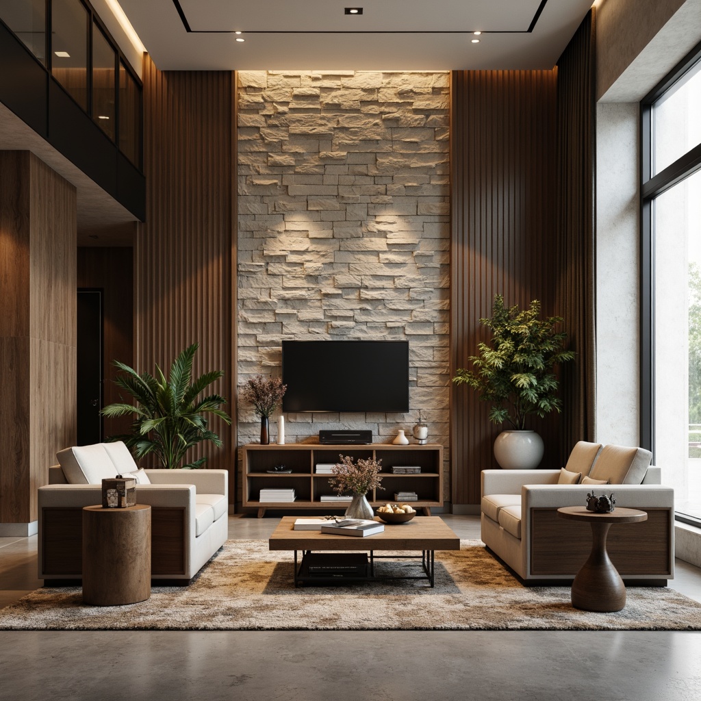 Prompt: Sophisticated living room, modern interior design, stone feature wall, natural texture, earthy tones, neutral color palette, sleek furniture, minimalist decor, ambient lighting, soft warm glow, shallow depth of field, 1/1 composition, realistic textures, ambient occlusion, luxurious atmosphere, upscale lifestyle, urban chic style, contemporary vibe, geometric patterns, abstract art pieces, metallic accents, polished concrete floors, plush area rugs.