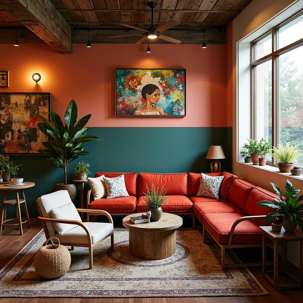 Prompt: Vibrant artistic studio, eclectic furniture, bold color blocking, contrasting textures, abstract artwork, modern lighting fixtures, industrial metal accents, reclaimed wood surfaces, bohemian-inspired decor, earthy tone walls, rich jewel-toned accents, creamy white trim, warm golden lighting, shallow depth of field, 1/1 composition, soft focus, atmospheric perspective.