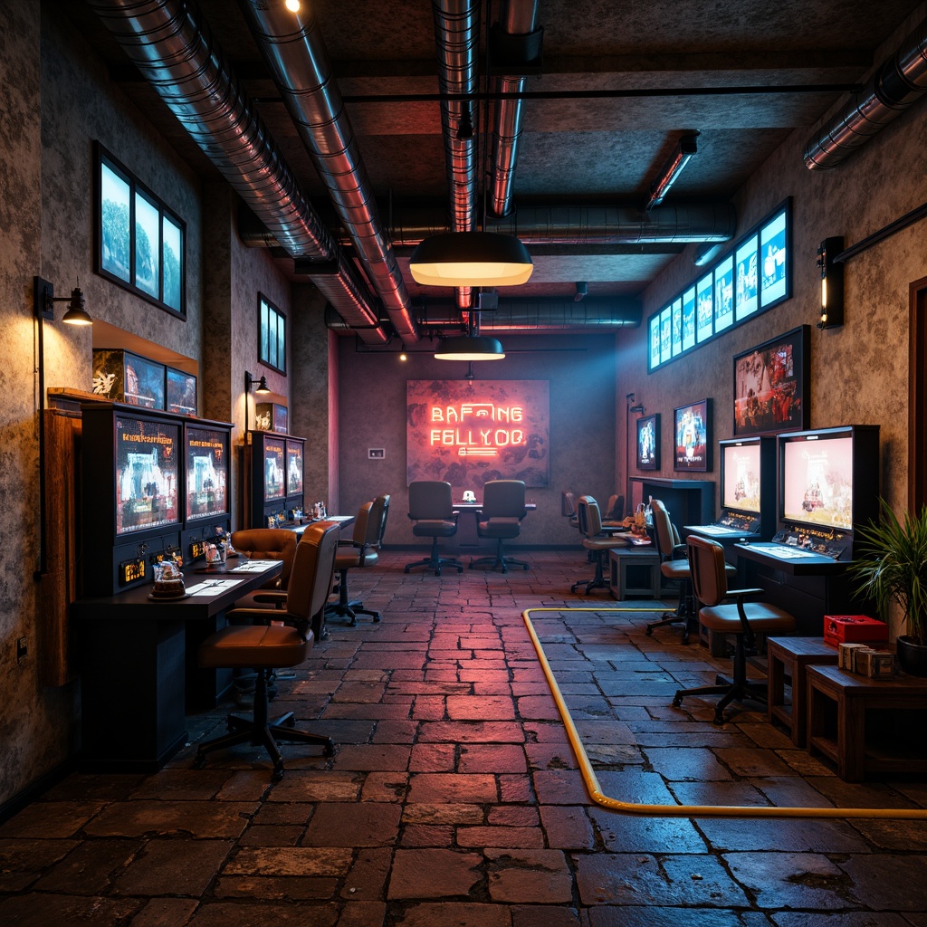 Prompt: Industrial game room, brutalist architecture, exposed concrete walls, metallic beams, rugged stone floors, distressed wood accents, neon-lit signs, futuristic gaming stations, high-tech equipment, moody dark tones, muted earthy hues, bold primary colors, stark contrast lighting, dramatic shadows, cinematic atmosphere, low-poly 3D models, retro-futuristic elements, cyberpunk influences.