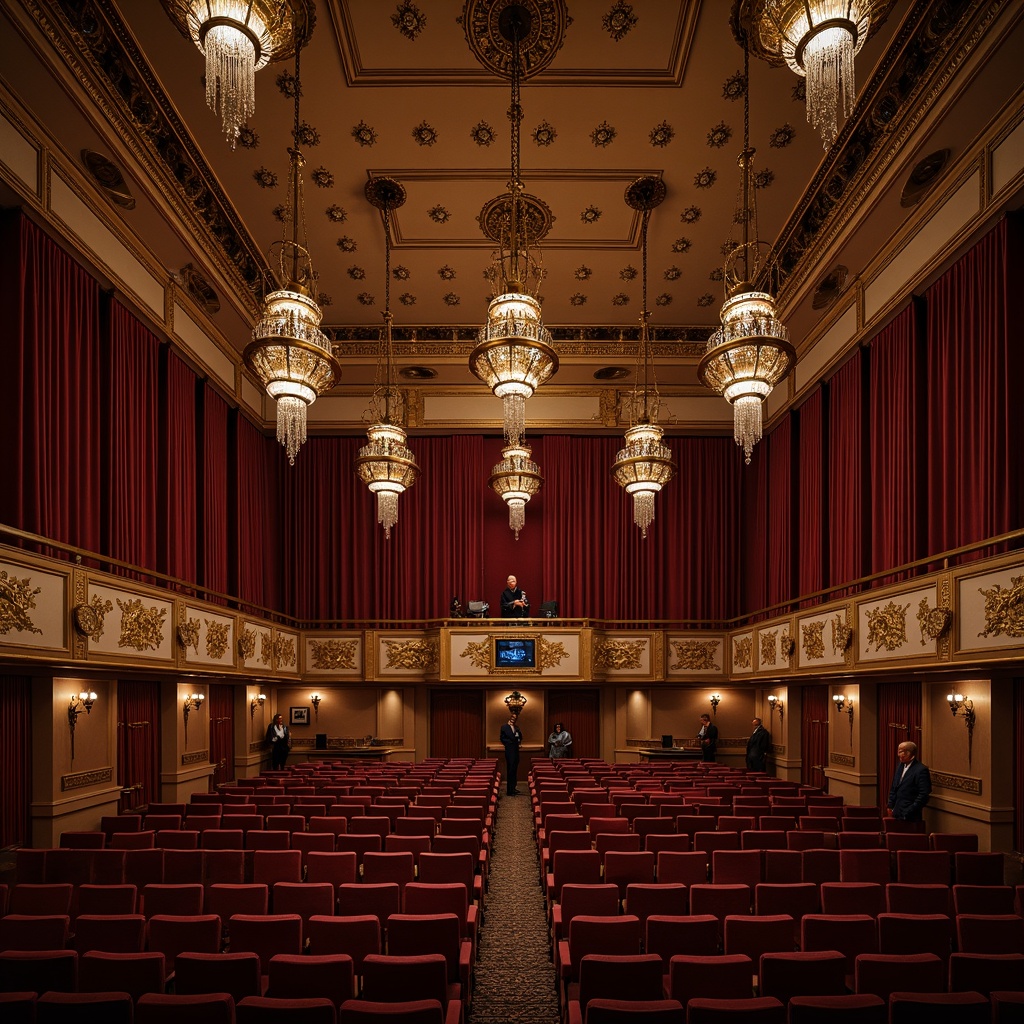 Prompt: Elegant auditorium, traditional architectural style, ornate chandeliers, bronze lighting fixtures, crystal drops, velvet curtains, rich wood paneling, carved details, plush red seats, golden accents, dramatic high ceiling, intricate moldings, warm soft lighting, subtle shadows, 1/2 composition, cinematic perspective, realistic textures, ambient occlusion.