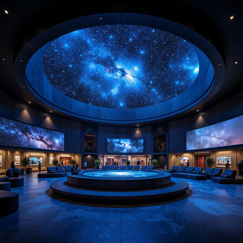 Prompt: Celestial planetarium, starry night sky, textured walls, immersive dome screens, surround sound systems, comfortable seating, ambient lighting, dark blue tones, glossy floors, interactive exhibits, 3D visualizations, astronomy-inspired patterns, futuristic architecture, large circular windows, panoramic views, soft box lighting, shallow depth of field.