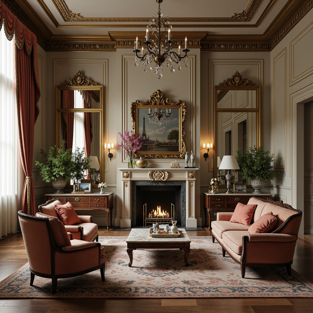 Prompt: Elegant living room, neoclassical style, ornate furnishings, velvet sofas, carved wooden armchairs, marble coffee tables, crystal chandeliers, rich drapery, subtle patterns, muted colors, gold accents, symmetrical compositions, classical columns, intricate moldings, luxurious fabrics, refined silhouettes, soft warm lighting, shallow depth of field, 3/4 composition, realistic textures.