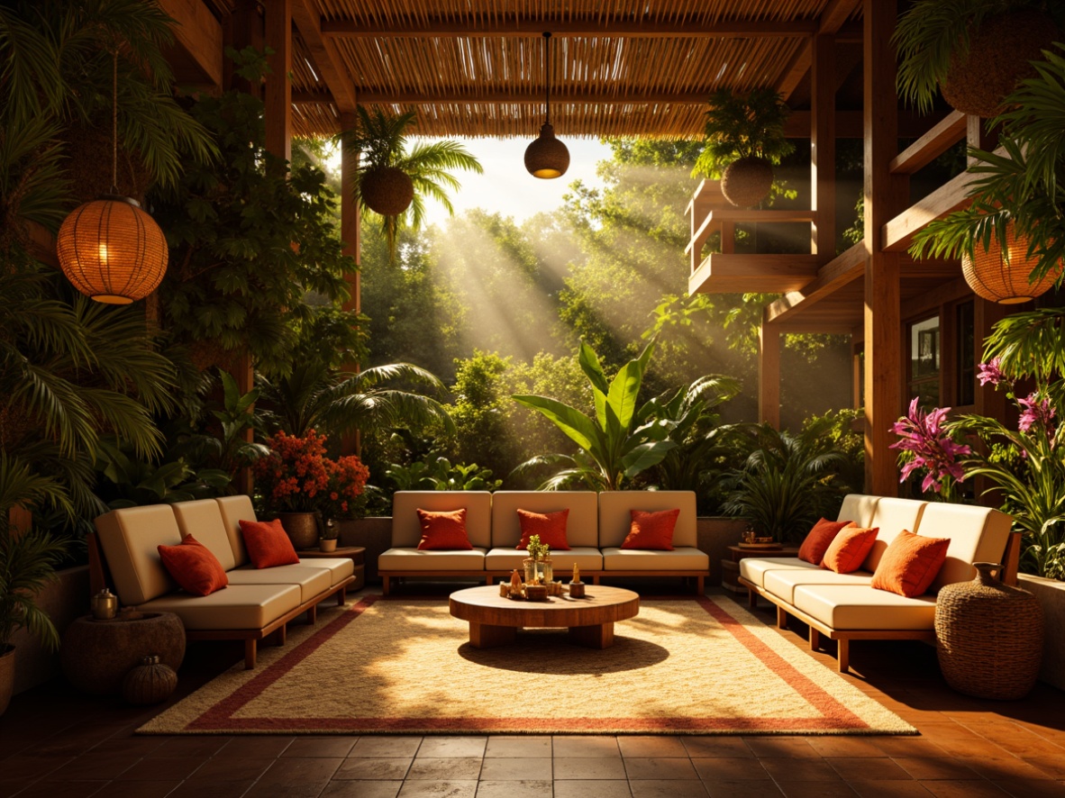 Prompt: Tropical theater interior, warm golden lighting, exotic island vibes, lush greenery, vibrant floral arrangements, natural wood accents, rattan furniture, colorful tiki torches, pendant lanterns, Moroccan-inspired tiles, soft warm glow, ambient shadows, 1/2 composition, cinematic spotlighting, dramatic beam lights, realistic renderings.